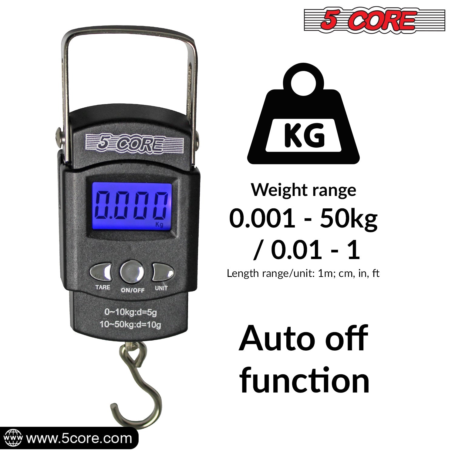 5Core Digital Fishing Scale 110lb/50kg Hanging Luggage Weighing Scales w Measuring Tape-2