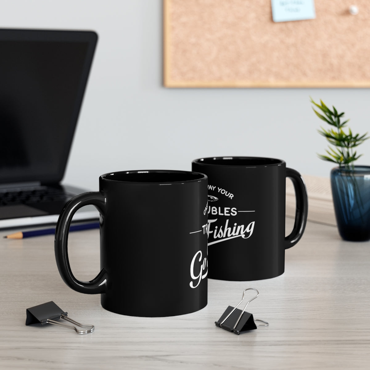 Cast away your Troubles Go Fishing - 11oz Black Mug-4
