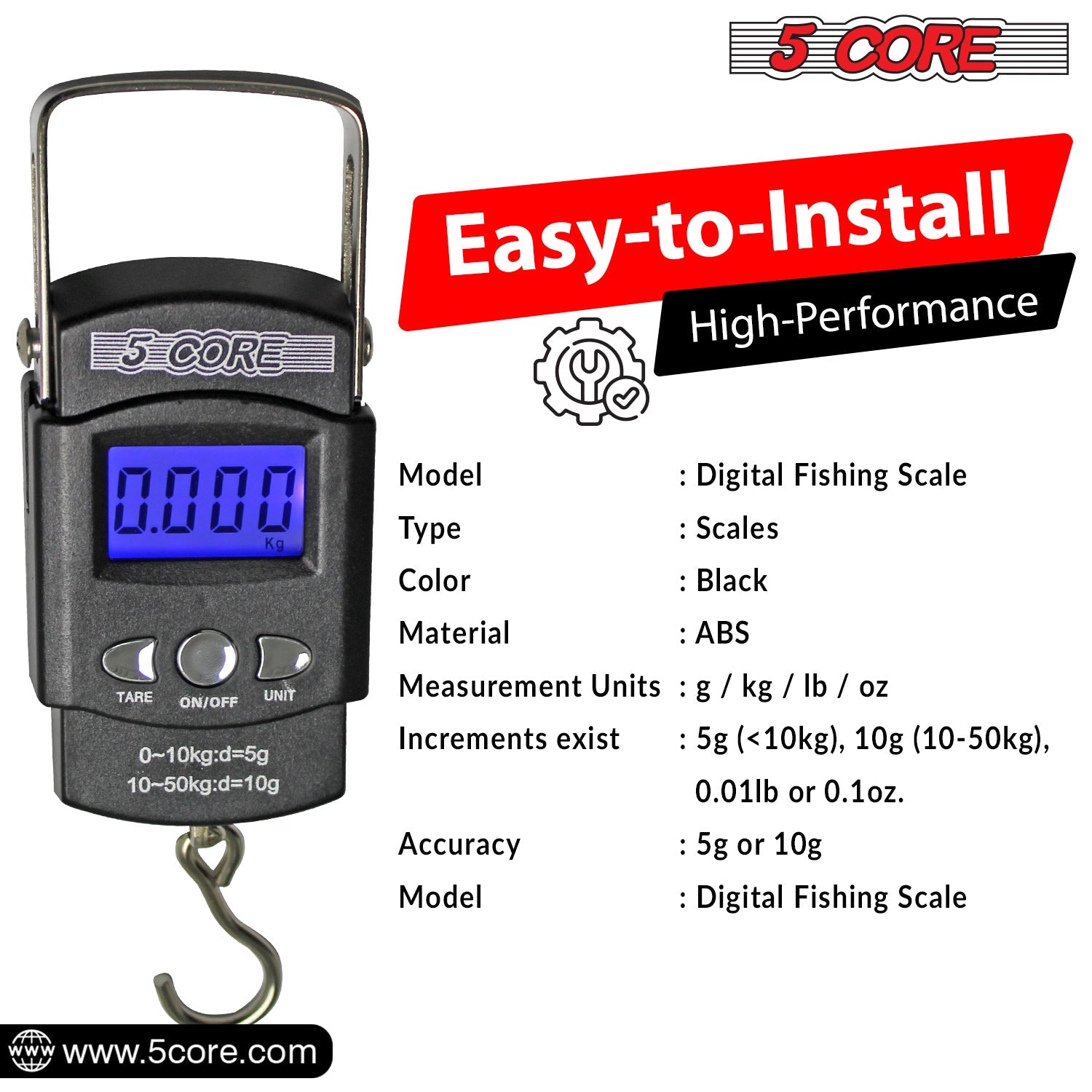5Core Digital Fishing Scale 110lb/50kg Hanging Luggage Weighing Scales w Measuring Tape-4